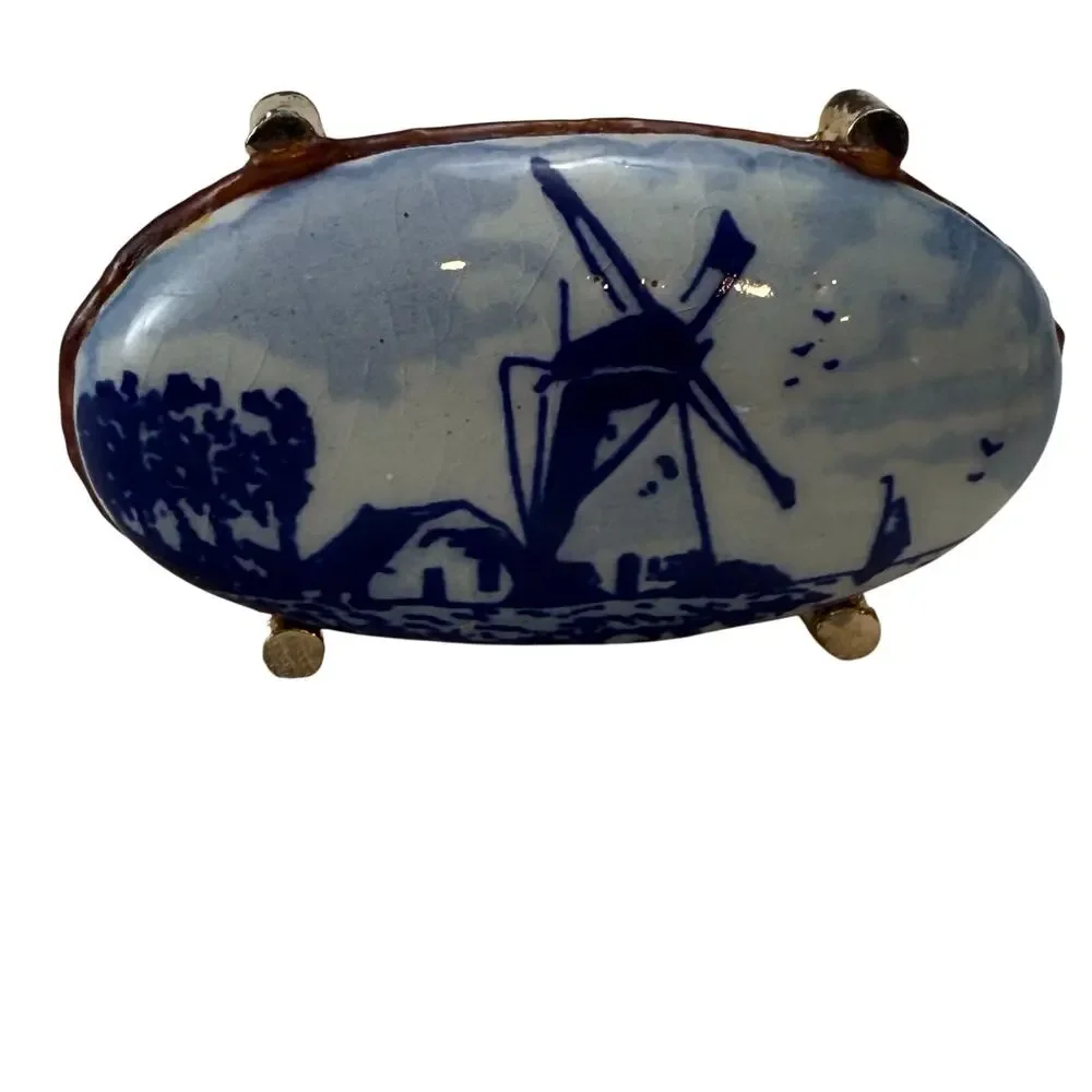Anson Vintage Dutch Delft Blue White Windmill Cuff Links Gold Tone Back